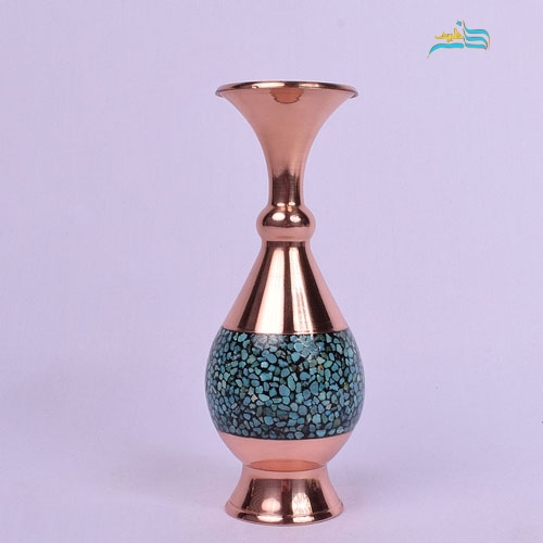 خرید، قیمت و مشخصات گلدان مسی صراحی 20 فیروزه کوبی ورق ضخیم با فیروزه اصل نیشابور | هنرظریف
