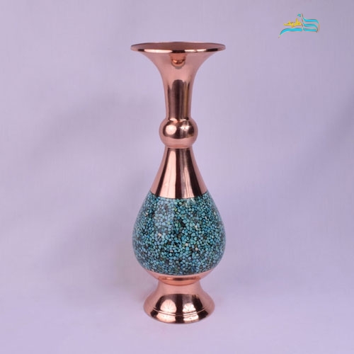 مشخصات کامل گلدان مسی صراحی 40 فیروزه کوبی ورق ضخیم و فیروزه اصل نیشابور | هنرظریف