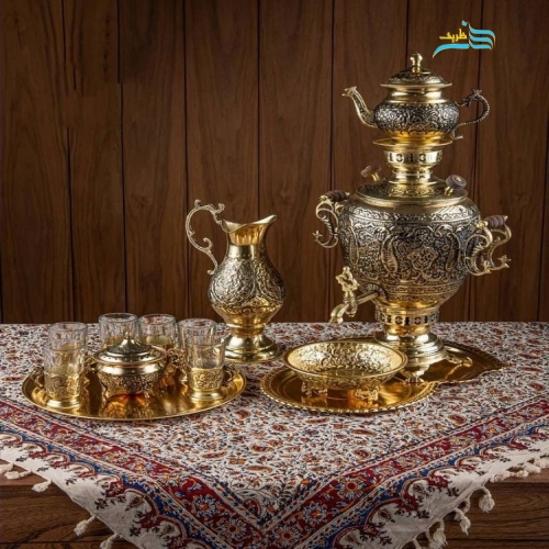خرید سرویس سماور زغالی برنجی قلمزنی گل و مرغ لعاب طلایی | هنرظریف