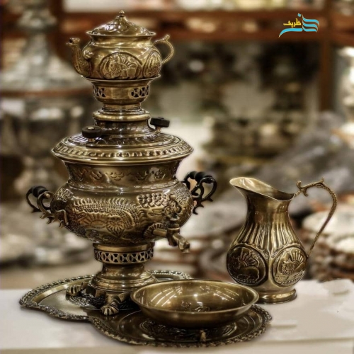 خرید سرویس سماور زغالی برنجی ۴ لیتری قلمزنی ریز و غرق | هنرظریف