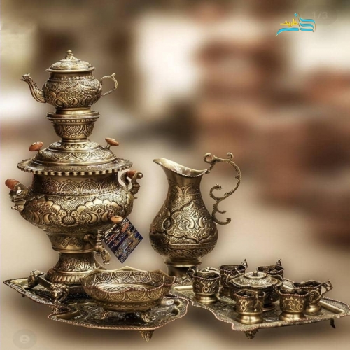 خرید سرویس سماور ۴ لیتری برنجی ریز قلم آنتیک شده با ضمانت | هنرظریف