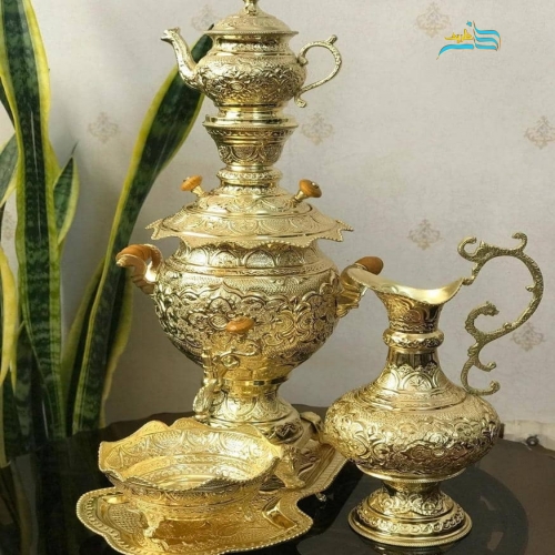 خرید سرویس سماور برنجی زغالی ۳.۵ لیتری قلمزنی روکش کوره ای | هنرظریف