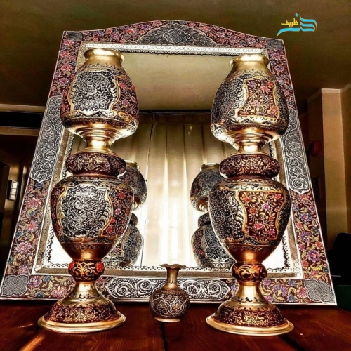خرید آینه و لاله برنجی دست ساز نقاشی دست روکش نقره با حک نام | هنرظریف