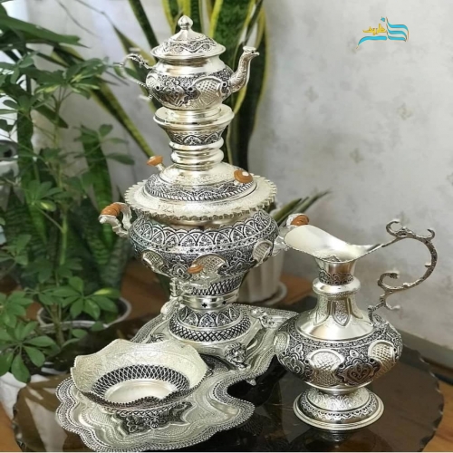 خرید سرویس سماور زغالی برنجی ۵ لیتری آبکاری نقره کوره ای ۶۶ سانتی | هنرظریف