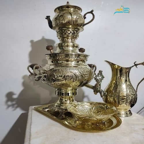 خرید سرویس سماور ۴ لیتری زغالی برنجی ریز قلم سنگین وزن تبریز | هنرظریف