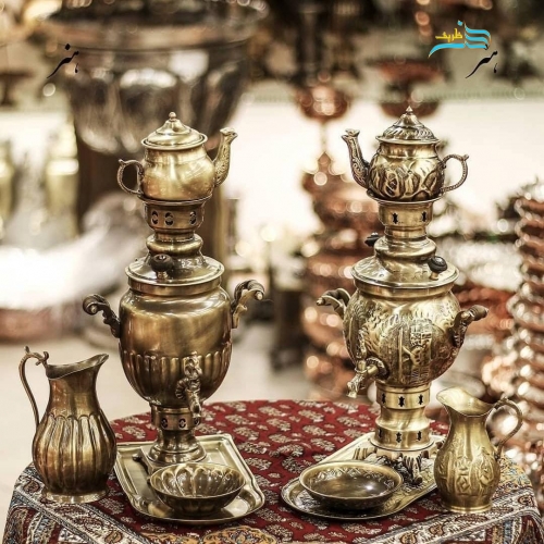 خرید سرویس سماور ۱.۵ لیتری برنجی آنتیک خطی و قلمزنی نانو | هنرظریف