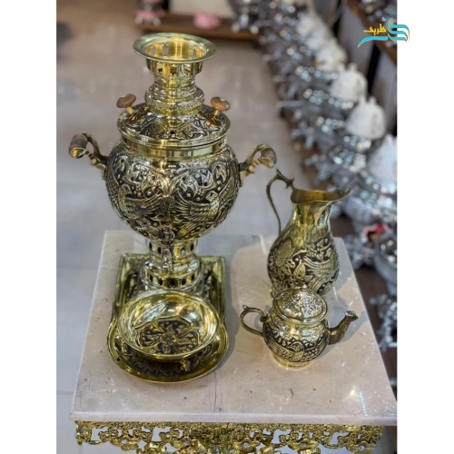 خرید سماور زغالی برنجی ۴ لیتری طرح پرنده سیاه قلم سنگین | هنرظریف