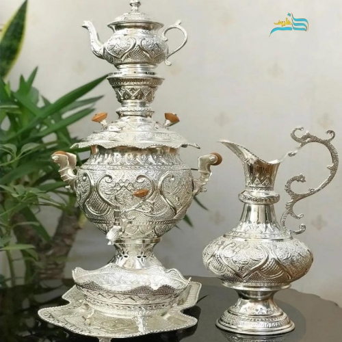 خرید سرویس سماور برنجی ۴ لیتری آبکاری نقره قلمزنی استاد رحمتی | هنرظریف