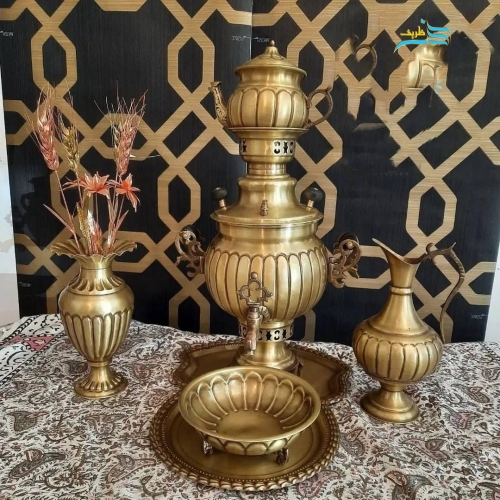 خرید سرویس پنج تکه سماور زغالی ۵ لیتری عدسی دسته ماهی | هنرظریف