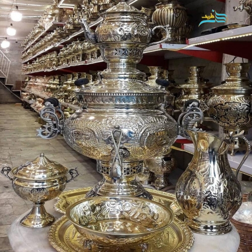 خرید سرویس سماور ۶ لیتری برنجی زغالی قلمزنی دسته ماهی | هنرظریف