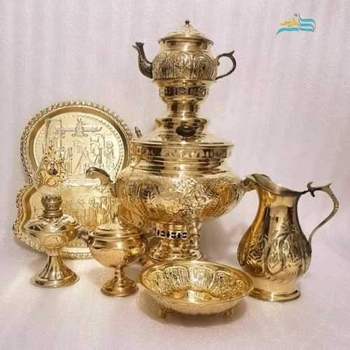خرید سرویس سماور ۶ لیتری برنجی زغالی قلم هخامنشی با رنگ ثابت | هنرظریف