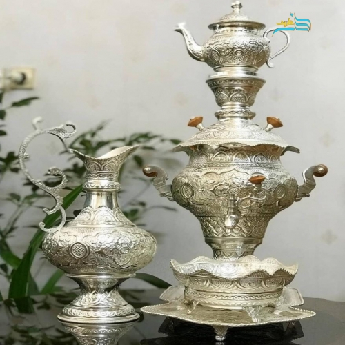 خرید سرویس سماور برنجی ۳.۵ لیتری قلمزنی آبکاری نقره کوره ای | هنرظریف
