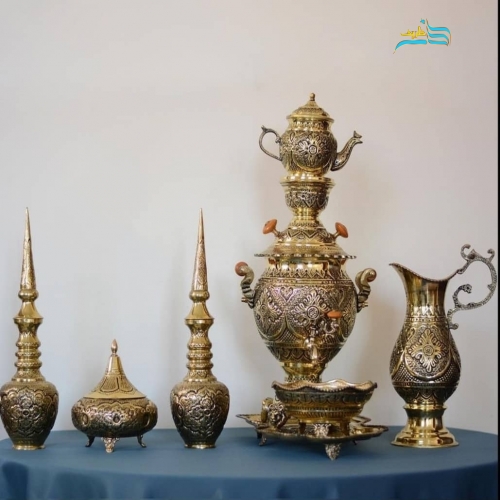 خرید سرویس سماور و تنگ شاخدار و گزخوری برنجی قلمزنی طرح اسلیمی | هنرظریف