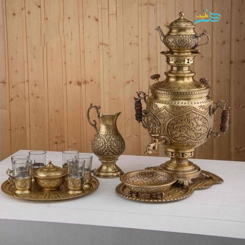 خرید سرویس سماور برنجی ۶ لیتری قلمزنی گل و مرغ روکش نانو | هنرظریف