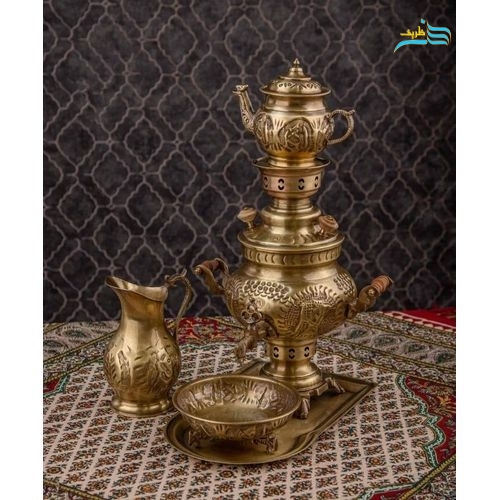 خرید سرویس سماور زغالی برنجی ۲ لیتری قلم هخامنشی ورق ضخیم | هنرظریف