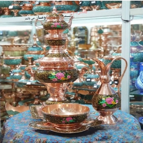 خرید سرویس سماور مس و پرداز سنگین وزن نقاشی دست ورق ۱.۵ میل | هنرظریف