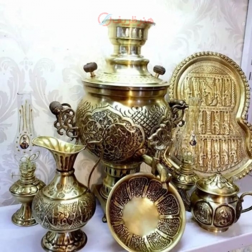 خرید سرویس سماور زغالی برنجی ۶ لیتری قلم‌دست طرح خاص ۴۵ سانتی | هنرظریف