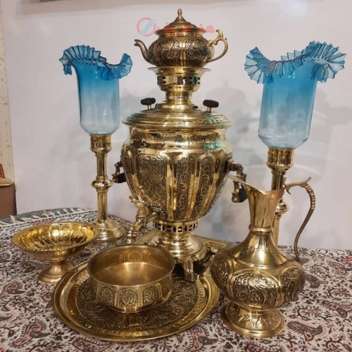 خرید سرویس سماور قلمزنی زغالی برنجی ۷ لیتری سنگین وزن قلم گلابی | هنرظریف