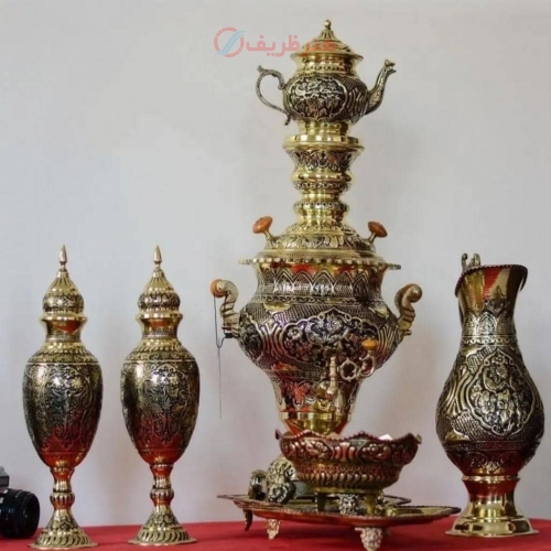 خرید سرویس کامل سماور قلمزنی برنجی ۵ لیتری گل و مرغ استاد هرندی | هنرظریف