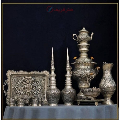 خرید سرویس سماور برنجی ۵ لیتری روکش نقره طرح اسلیمی استاد هرندی | هنرظریف