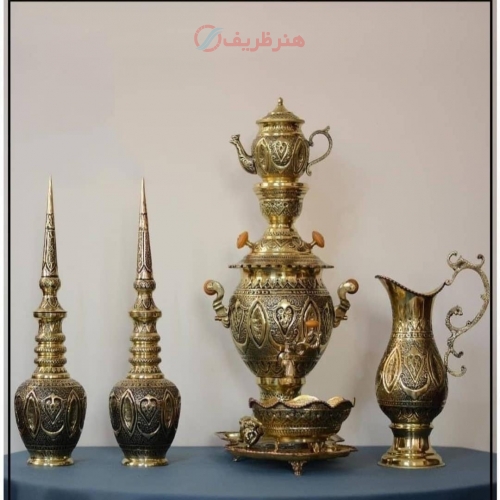 خرید سرویس سماور دکوری ۶ لیتری برنجی قلمزنی اسلیمی با تنگ شاخدار | هنرظریف