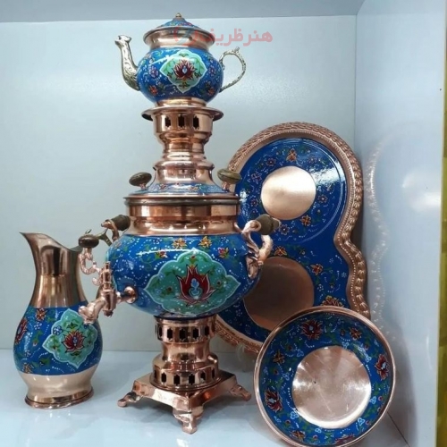 خرید سرویس سماور مسی ۵ لیتری نقاشی دست روکش پلی استر | هنرظریف