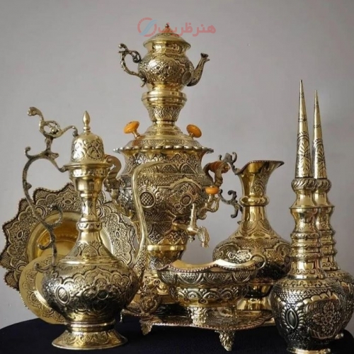خرید سرویس سماور برنجی ۴ لیتری قلمزنی سیاه قلم استاد نقیان | هنرظریف
