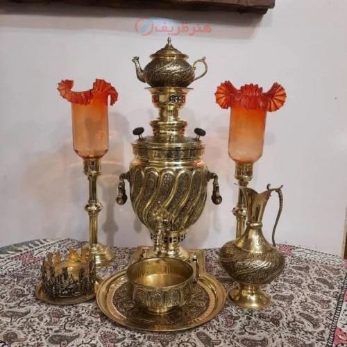 خرید سرویس سماور برنجی زغالی ۸ لیتری قلمزنی مدل مار آبکاری طلایی | هنرظریف