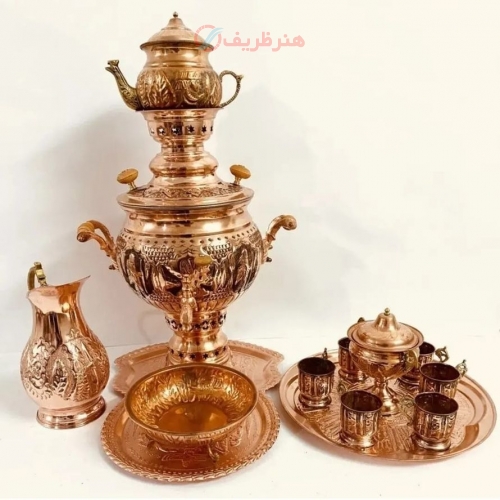 خرید سرویس سماور مسی ۴ لیتری سیاه قلم با چایخوری | هنرظریف
