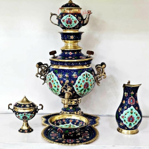 خرید، قیمت و مشخصات سرویس سماور برنجی میناکاری، چایخوری و آفتابه لگن 6 لیتری دست ساز - هنرظریف