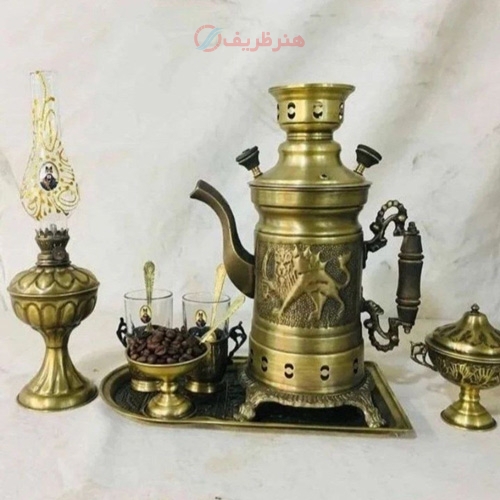 خرید، قیمت و مشخصات کتری شکاری برنجی به همراه سرویس چایخوری به قیمت تولیدی | هنرظریف