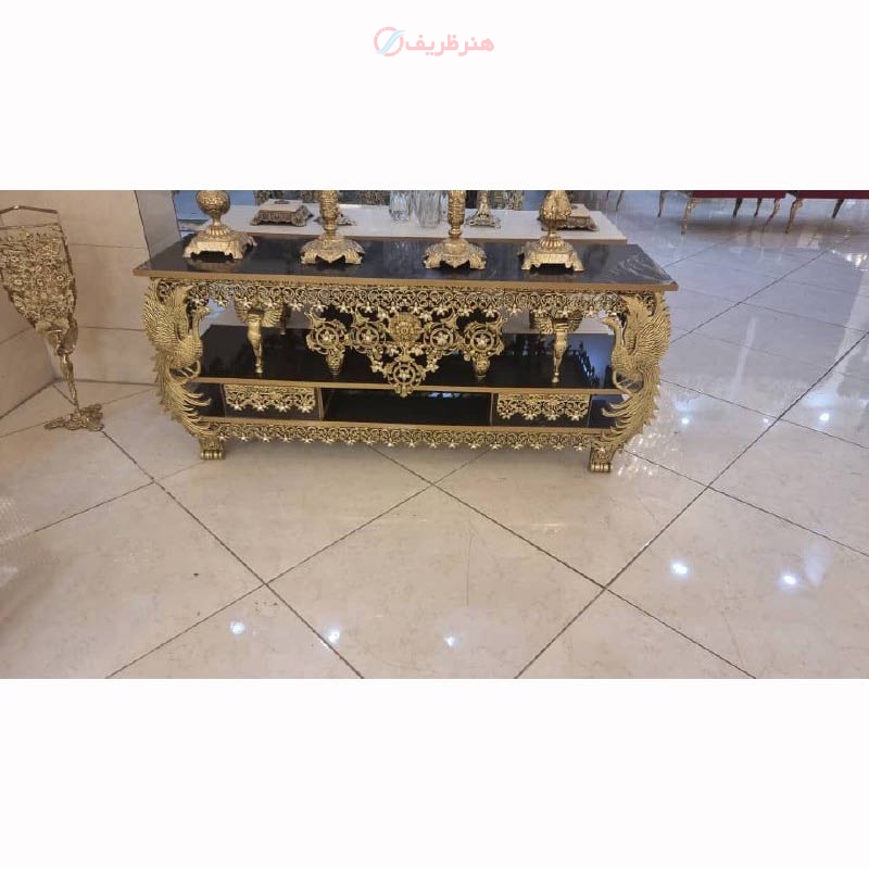 خرید، قیمت و مشخصات میز تلویزیون دو کشو تاجدار، بسیار زیبا و خاص با کیفیت اعلاء و روکش برنز و رنگ ثابت محصول اصفهان | هنرظریف
