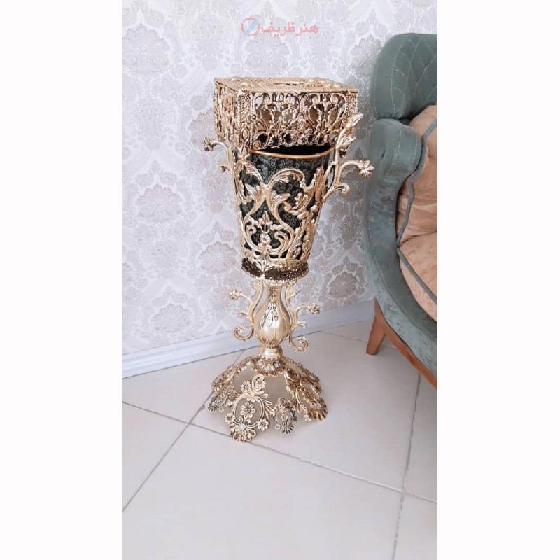 خرید و قیمت سطل زباله و جادستمال گلدونی پایه برگی، جنس آلیاژ آلومینیوم، آبکاری برنز، کیفیت درجه 1 - هنرظریف