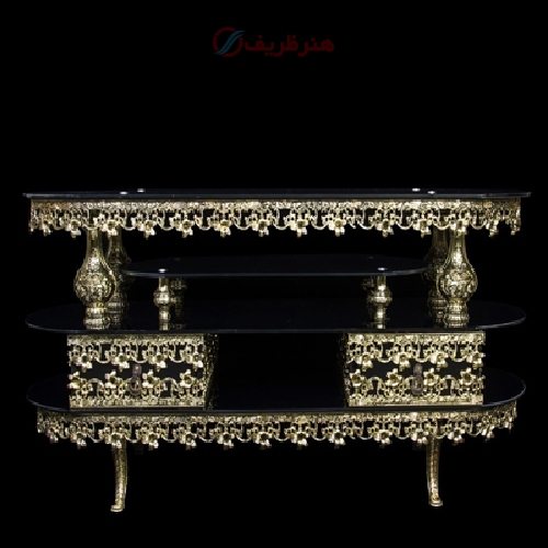 خرید، قیمت و مشخصات میز تلفن بیضی کوچک طرح غنچه شیشه جنس آلومینیوم و رنگ طلایی - هنرظریف