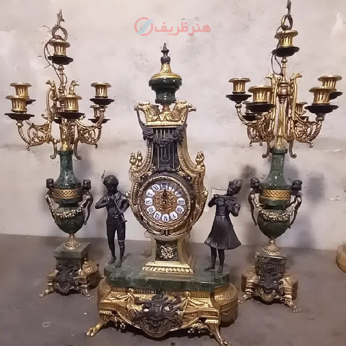 خرید، قیمت و مشخصات ساعت و شمعدان عقابی، ارتفاع ۸۰ تمام برنز، سنگ مرمر رامشه اصفهان، موتور ساعت کوارتز ژاپن، ۱۸کیلو وزن برنز خالص _ هنرظریف
