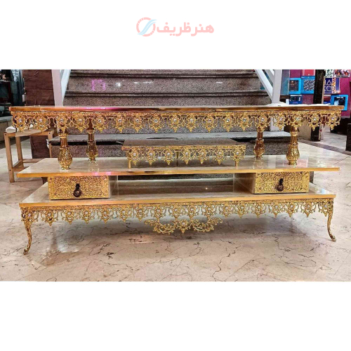 خرید، قیمت و مشخصات میز تلویزیون برنزی طول 120، دارای دو کشو طرح گل آفتابگردان و صفحه هایگلاس ارزان و باکیفیت _ هنرظریف