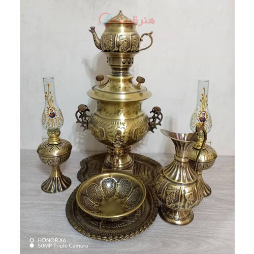 خرید، قیمت و مشخصات سرویس 7 پارچه سماور زغالی برنجی 6 لیتری در دو رنگ طلایی و آنتیک _ هنرظریف
