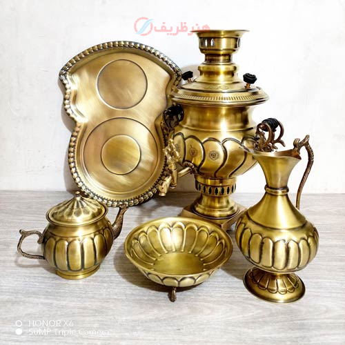 خرید، قیمت و مشخصات سرویس سماور ذغالی برنجی 4 لیتری، مدل استکانی آینه پیچ با کیفیت عالی با ضمانت _ هنرظریف