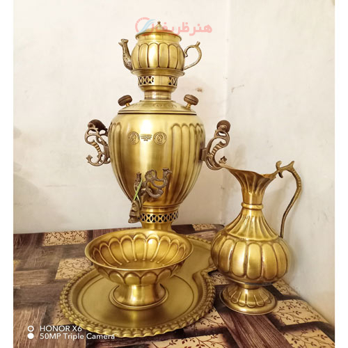 خرید، قیمت و مشخصات سرویس سماور ذغالی برنجی 5 لیتری، مدل آناناسی آینه ریز، سنگین وزن با ضمانت معتبر _ هنرظریف