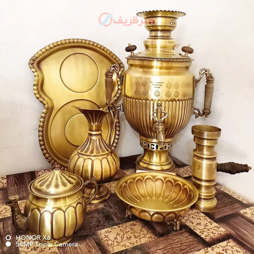 خرید، قیمت و مشخصات سرویس 6 پارچه سماور ذغالی برنجی 6 لیتری، نظر دسته کاپ، طرح آینه ریز با ضمانت معتبر _ هنرظریف