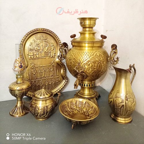 خرید، قیمت و مشخصات سرویس 6 پارچه سماور ذغالی برنجی 8 لیتری توپی، قلم فرش اعلاء با کیفیت عالی _ هنرظریف