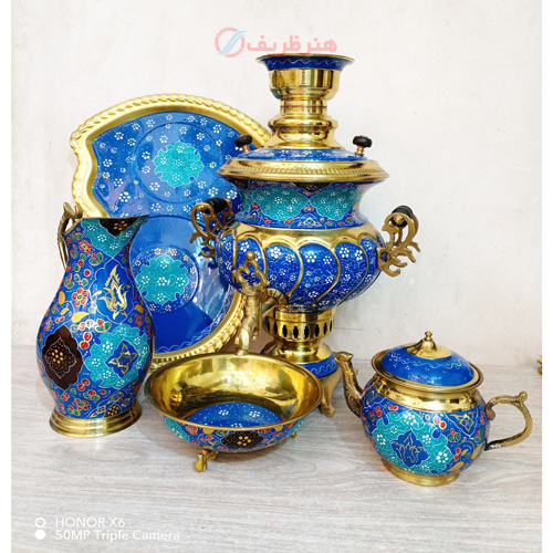 خرید، قیمت و مشخصات سرویس سماور ذغالی برنجی میناکاری 4 لیتری استکانی ورق ضخیم میناکاری با کیفیت عالی  _ هنرظریف