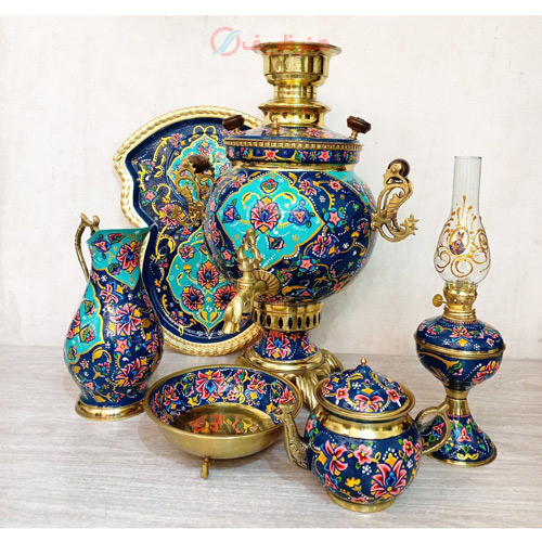 خرید، قیمت و مشخصات سرویس 6 پارچه سماور ذغالی برنجی6 لیتری توپی، میناکاری با روکش پلی استر و رنگ ثابت _ هنرظریف