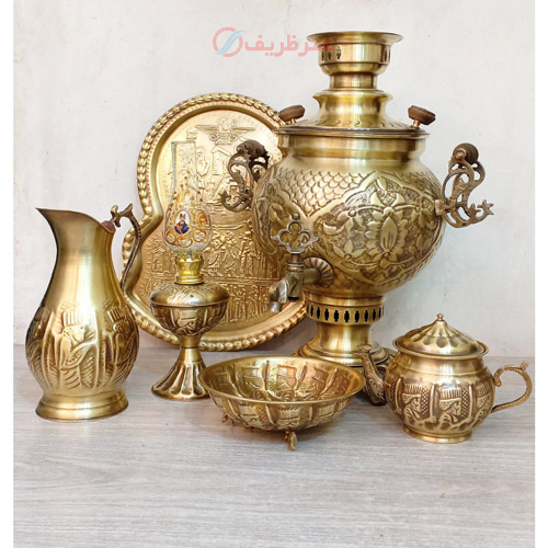خرید، قیمت و مشخصات سرویس 6 پارچه سماور ذغالی برنجی 6 لیتری، قلم فرش دسته توری، دارای مهر روسی با گارانتی تعویض _ هنرظریف