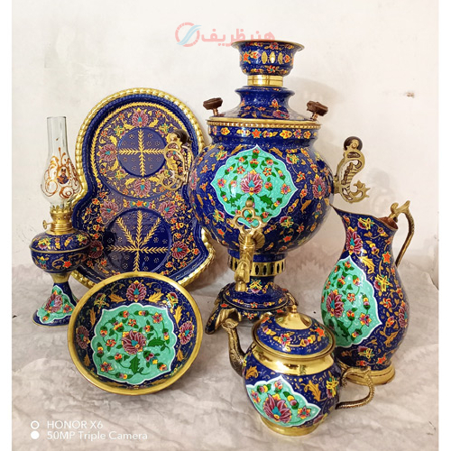 خرید، قیمت و مشخصات سرویس 6 پارچه سماور ذغالی برنجی میناکاری 6 لیتری، دسته ماری با گارانتی تعویض _ هنرظریف