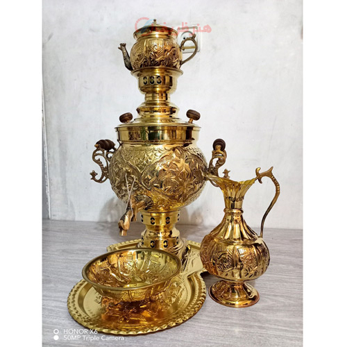 خرید، قیمت و مشخصات سرویس 5 پارچه سماور ذغالی برنجی، 6 لیتری، مدل توپی با گارانتی _ هنرظریف