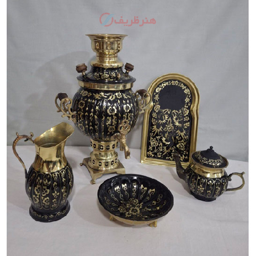 خرید، قیمت و مشخصات سرویس سماور زغالی برنجی سه و نیم لیتری مدل آینه الماس تراش، ارزان و با کیفیت _ هنرظریف