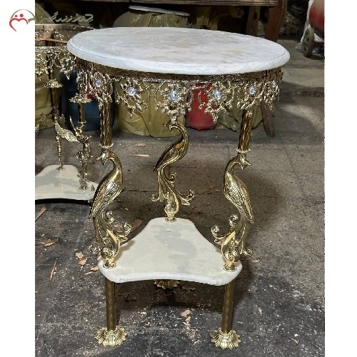 خرید آنلاین، میز 3 پایه ی برنزی 2 طبقه در طرح آفتاب با صفحه سنگ مرمر، ثبات رنگ و کیفیت عالی، زیر قیمت بازار | هنرظریف