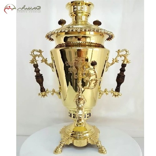 خرید آنلاین، سماور  8 لیتری زغالی برنجی ورق 1.5 میل، مدل زیبای تراش کد 114 و پایه های مشبک و دسته های طرح شاخ، زیر قیمت بازار | هنرظریف