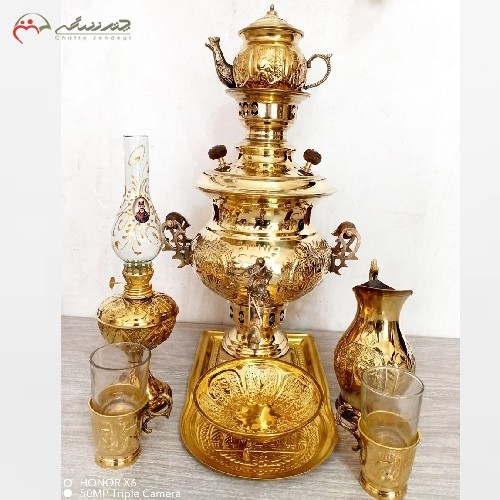 خرید آنلاین، ست 8 پارچه سماور ذغالی 4 لیتری تبریز، در طرح شیر با قلمزنی عالی در دو رنگ طلایی و آنتیک، دارای ضمانت، زیر قیمت بازار | هنرظریف